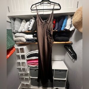 Lioness brown satin maxi dress with ties